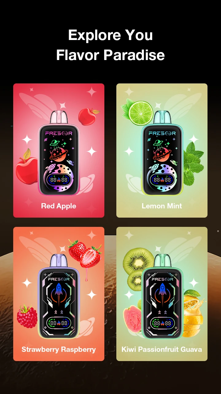 Explore You Flavor Paradise  We provide various flavors just for you. Whether you prefer classic or exclusive blends, the choice is yours. Get ready to indulge in the richness of flavors and savor the sheer joy of vaping.Red Apple Lemon Mint Strawberry Raspberry Kiwi Passionfruit Guava