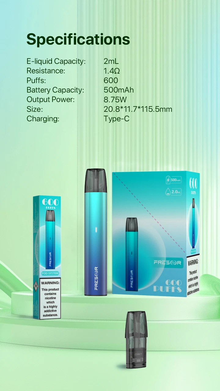 Specifications E-liquid Capacity: 2mL Resistance: 1.42Ω Puffs: 600 Battery Capacity: 500mAh Output Power: 8.75W Size: 20.8*11.7*115.5mm Charging: Type-C