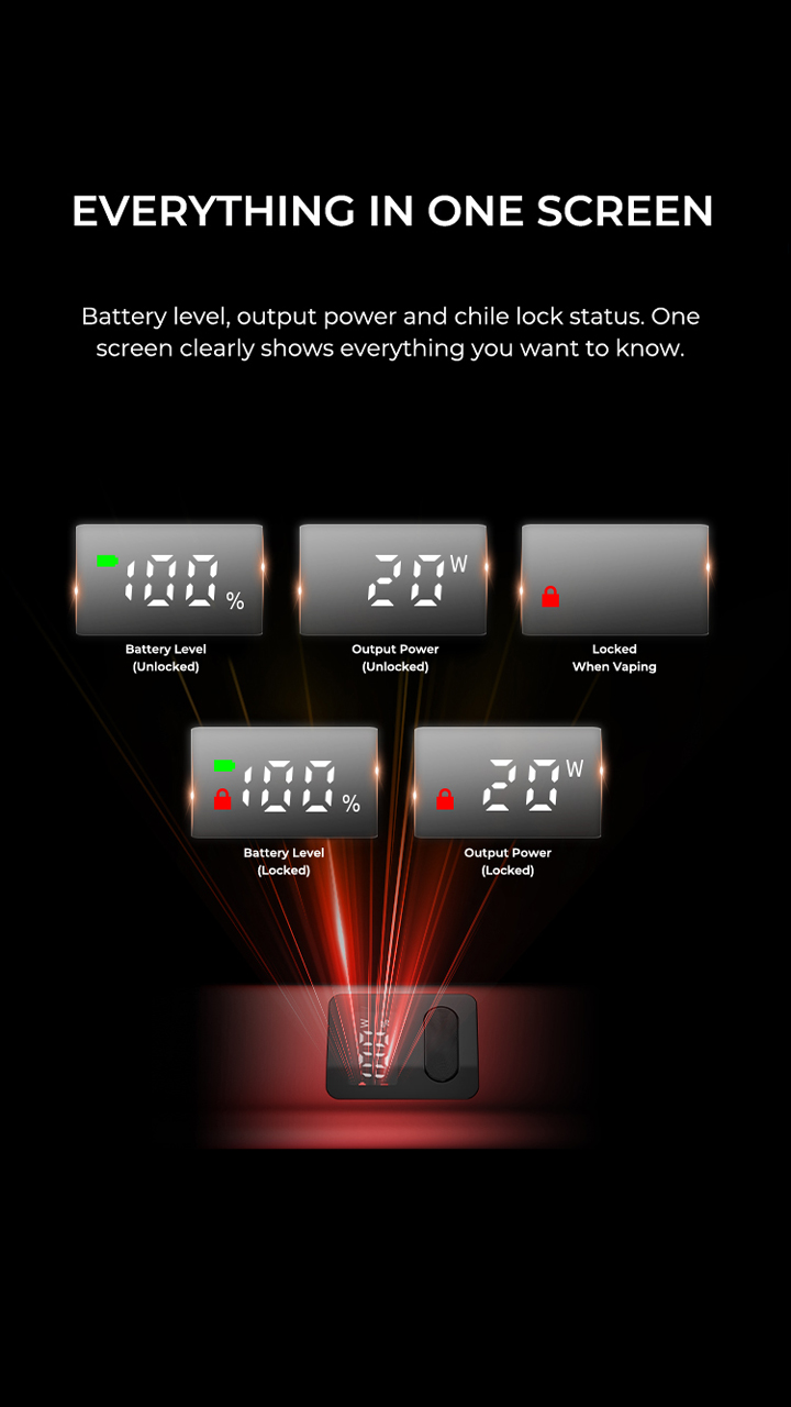 EVERYTHINGIN ONE SCREEN Battery level, output power and child lock status. One screen clearly shows everything you want to know.