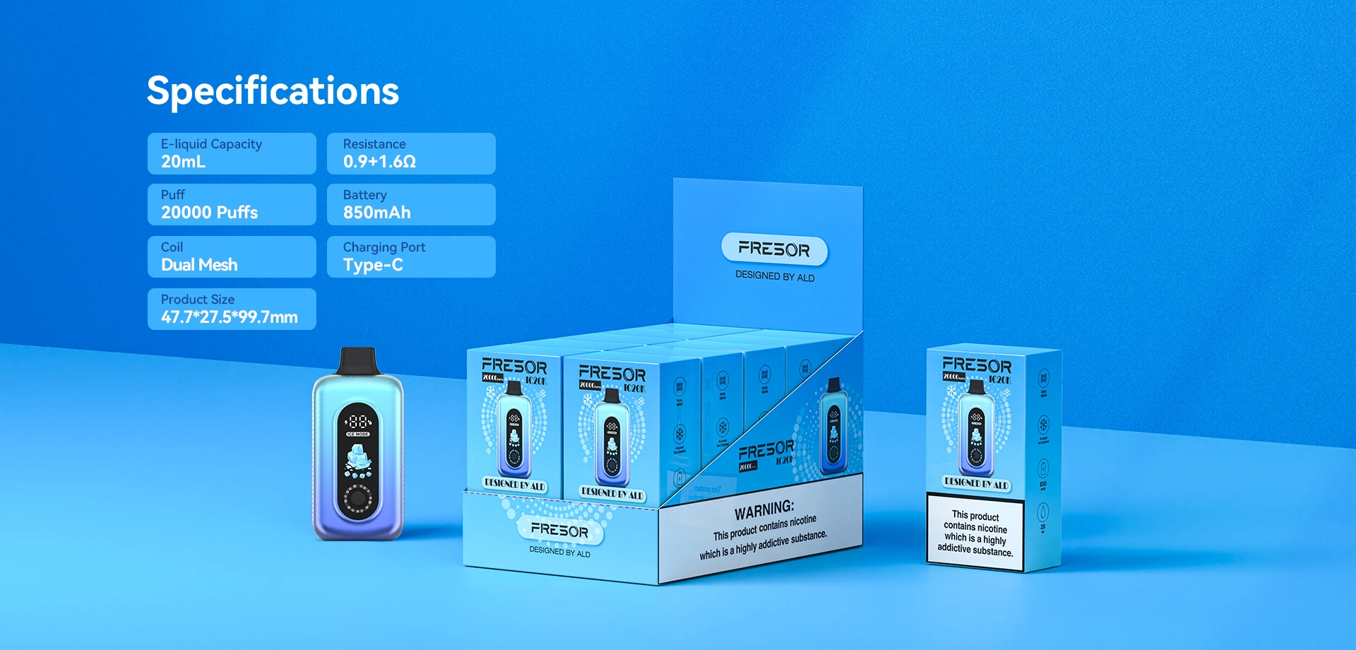 Specifications Model No: AH4810-A E-liquid Capacity: 20mL Resistance: 0.9Ω+1.6Ω Battery Capacity: 850mAh Charging Port: Type-C Product Size: 47.7*27.5*99.7mm