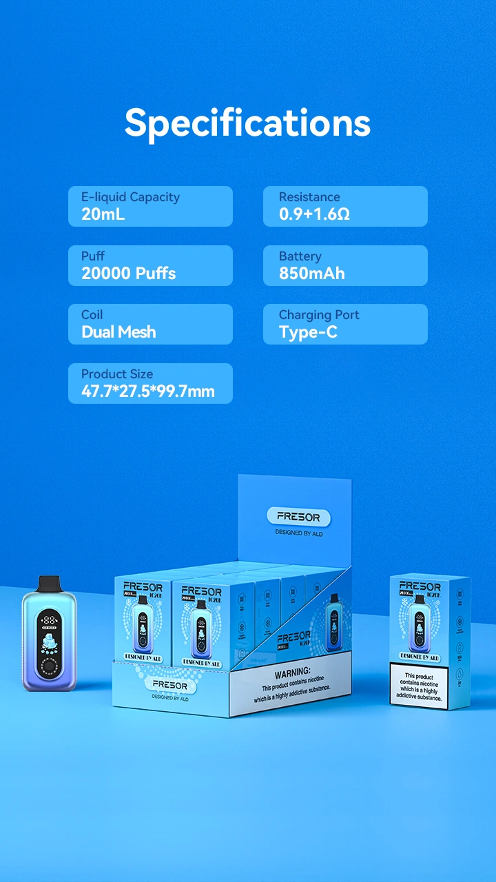 Specifications Model No: AH4810-A E-liquid Capacity: 20mL Resistance: 0.9Ω+1.6Ω Battery Capacity: 850mAh Charging Port: Type-C Product Size: 47.7*27.5*99.7mm