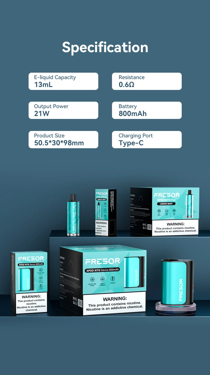Specification Model No.: ABAC5102-A E-liquid Capacity: 13mL Resistance: 0.6Ω Output Power: 21W Battery: 800mAh Product Size: 50.5*30*98mm Charging Port: Type-C